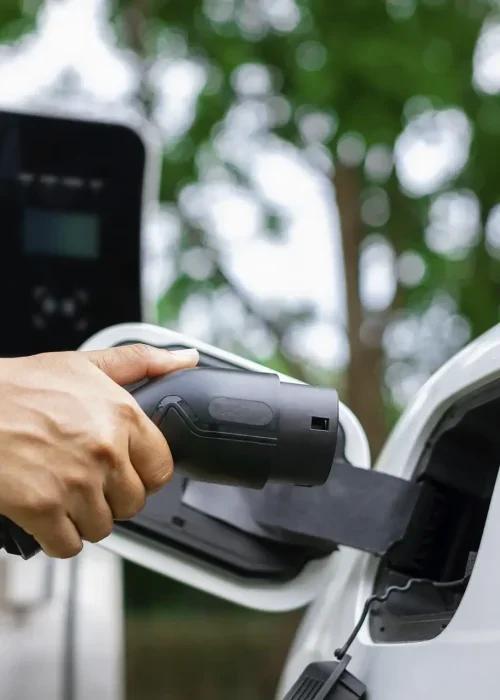 Fotografía de flota de vehículos eléctricos en carga, simbolizando sostenibilidad y eficiencia corporativa.